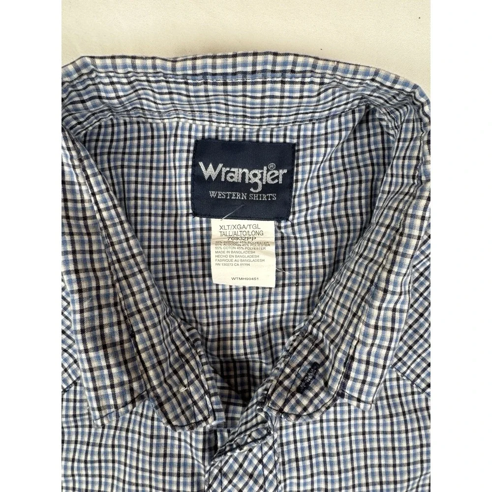 Wrangler Western Shirt XL Tall‎  Tattersall Blue Black Pearl Snap Cowboy Rodeo